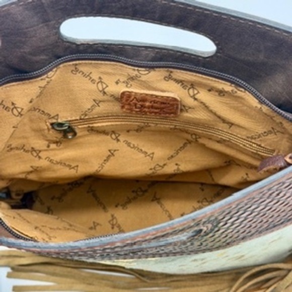 American Darling Tooled Leather Hair on Hide Gold Fringe Crossbody Bag Brown - Picture 10 of 11